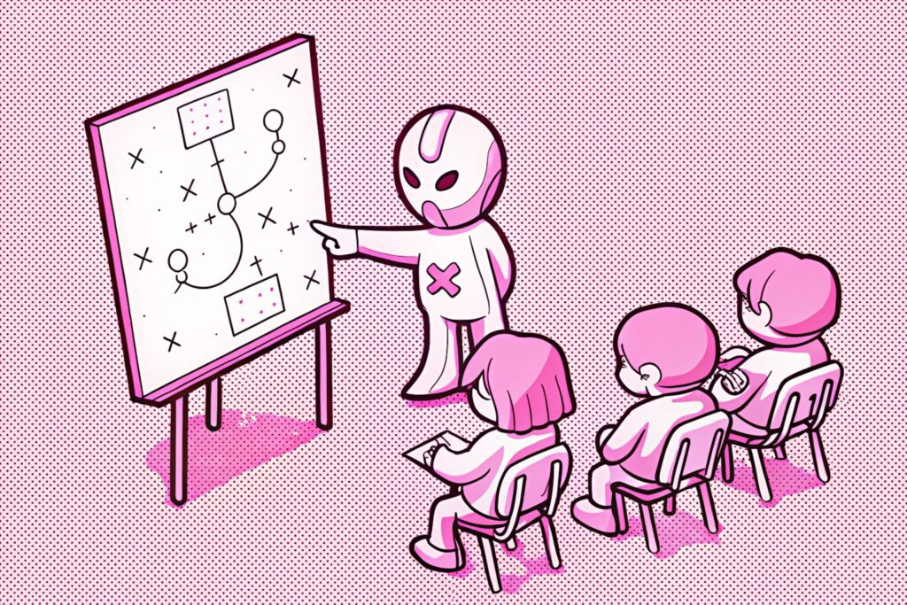 Un boss de jeu vidéo au design impressionnant, pointant un tableau blanc derrière lui avec des schémas de stratégies complexes. Devant lui, un petit groupe d’ennemis de base assis sur des chaises d'école, prenant des notes avec des visages sérieux, comme s'ils suivaient une leçon.