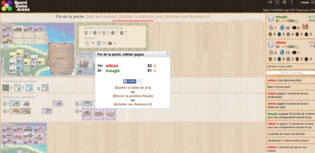 Écran de fin de partie Puerto Rico sur Board Game Arena montrant le score final et les points de victoire