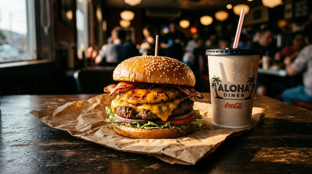 Big Kahuna Burger hawaïen avec ananas caramélisé, cheddar fondu et sauce teriyaki sur sac en papier kraft, inspiré de Pulp Fiction