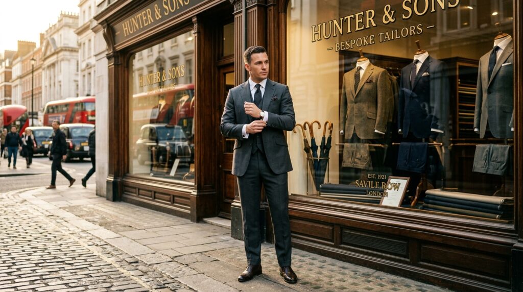 Espion britannique en costume trois-pièces Savile Row ajustant ses boutons de manchette devant une vitrine de tailleur londonien