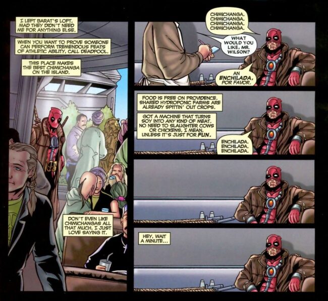 Deadpool tenant des chimichangas dans les comics Marvel, inspiration pour la recette geek