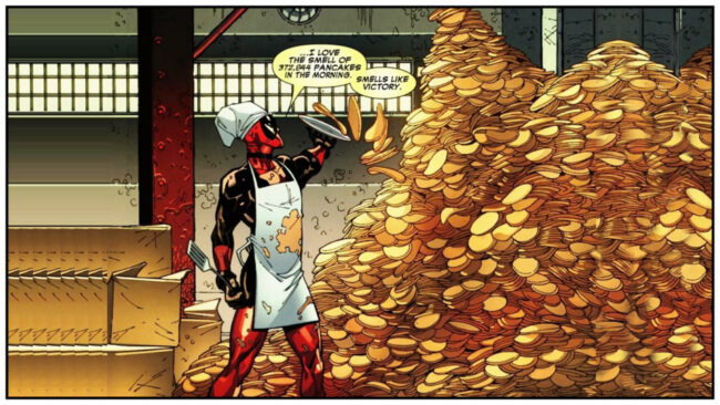 Deadpool empilant des pancakes dans les comics Marvel, recette de pancakes américains geek