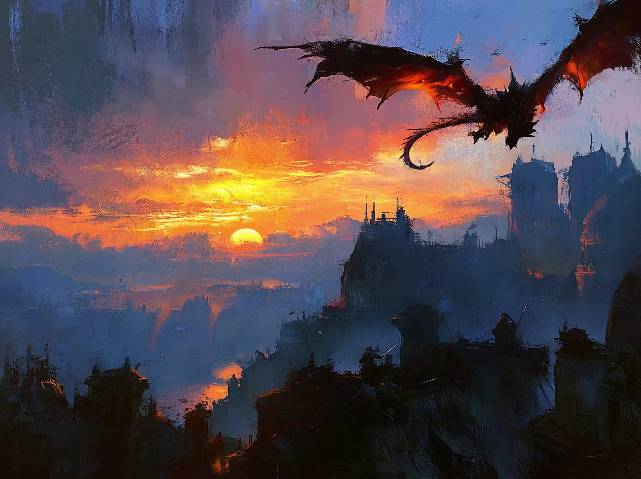 Mousquetaire français du XVIIe siècle dégainant sa rapière sur un toit de Paris, silhouette de dragon dans le ciel nocturne