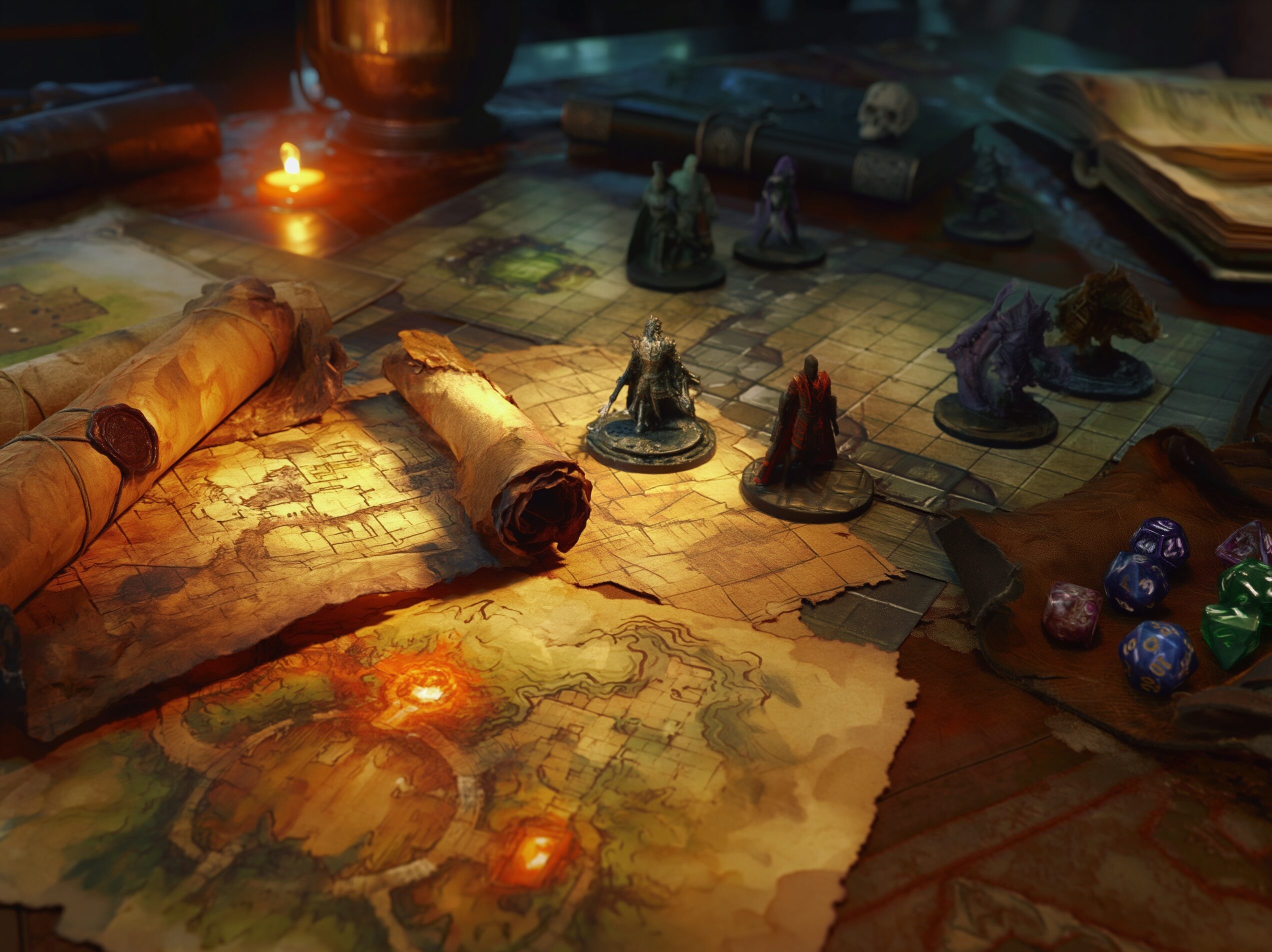Table de préparation de MJ avec parchemins faits main, cartes de donjon dessinées, figurines imprimées en 3D et dés polyédriques, ambiance jeu de rôle intimiste