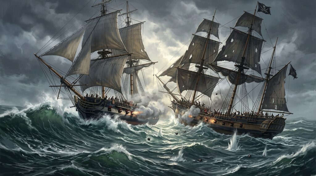 Pavillon noir V2 1 Illustration : une corvette affronte un navire pirate.