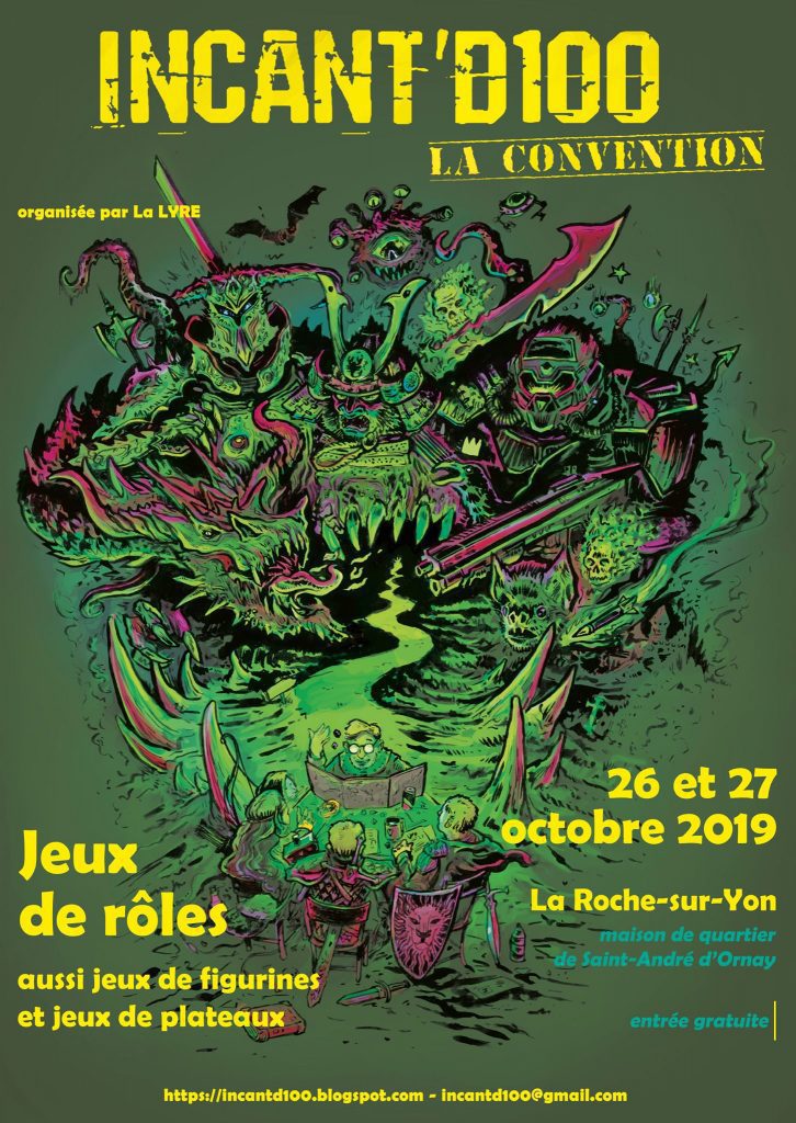 Convention JDR en Vendée : Incant'D100 le re-re-retour ! 1 affiche de la convention de jeu de rôles en vert