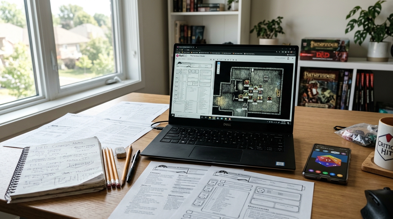 Écran de PC portable affichant une partie de Donjons et Dragons en ligne sur table virtuelle