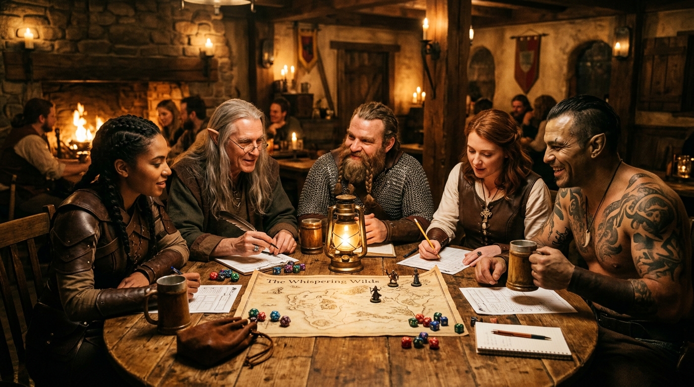 Groupe d'aventuriers de Donjons et Dragons réunis autour d'une table dans une taverne fantasy
