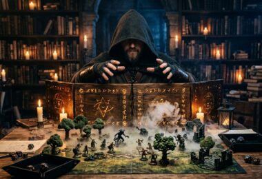 Maître du jeu mystérieux derrière un écran de MJ couvert de symboles, gesticulant au-dessus d'une carte de bataille avec figurines