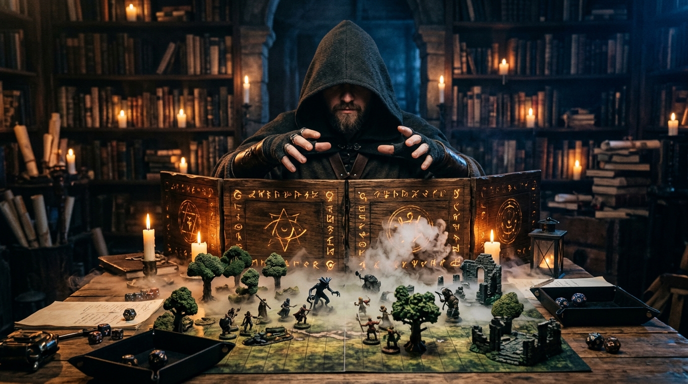 Maître du jeu mystérieux derrière un écran de MJ couvert de symboles, gesticulant au-dessus d'une carte de bataille avec figurines