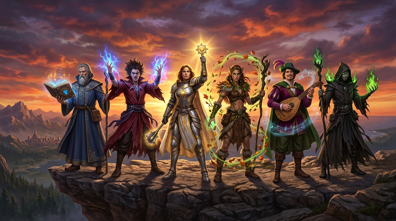 Six classes de lanceurs de sorts de Donjons et Dragons alignées, comparatif visuel des casters D&D 2024