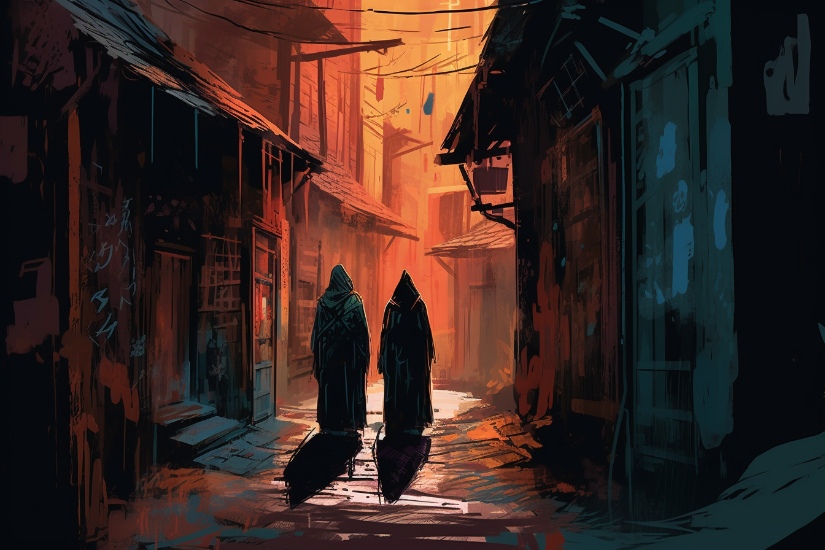 deux hommes mystère dans une ruelle sombre