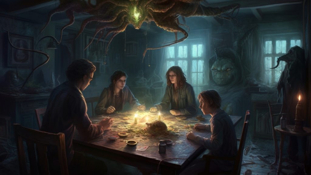 4 joueur autour d'une table de jeu de role dans un monde cthulhu