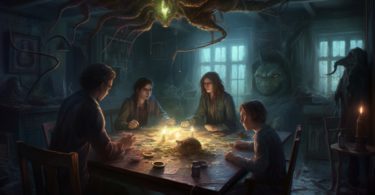 4 joueur autour d'une table de jeu de role dans un monde cthulhu