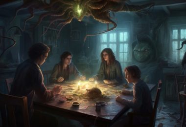 4 joueur autour d'une table de jeu de role dans un monde cthulhu