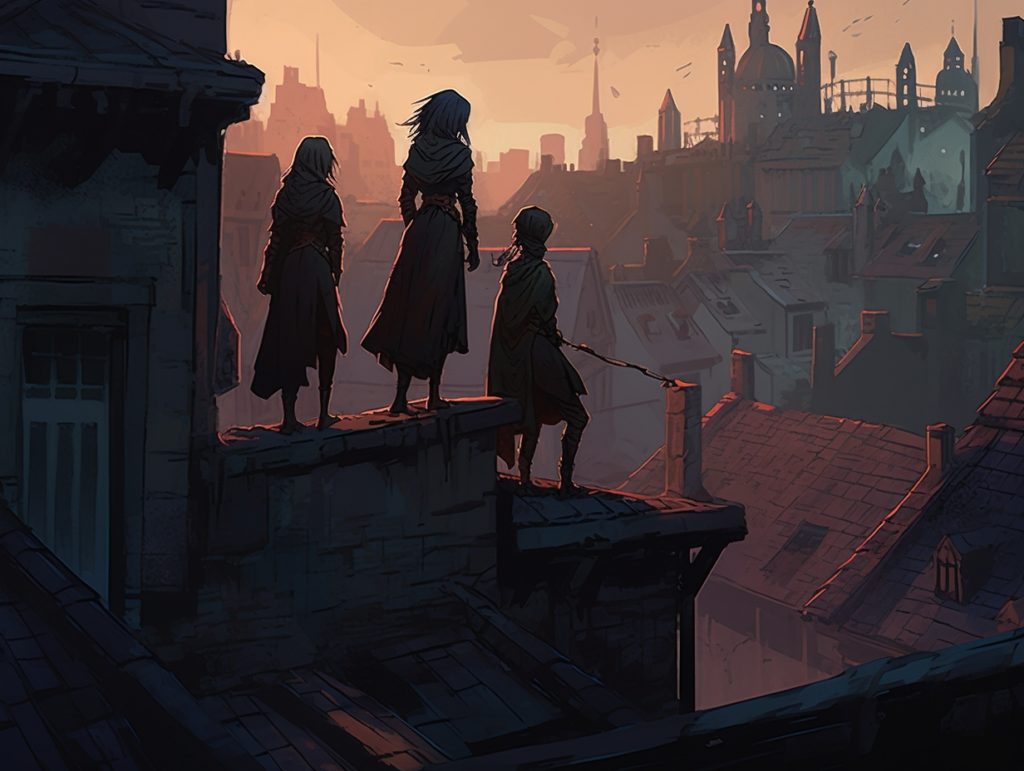 Des adolescente sur le toit d'une ville médiévale