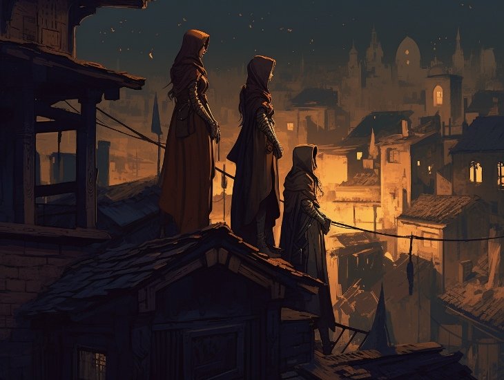 3 femmes sur les toits d'une vieille ville