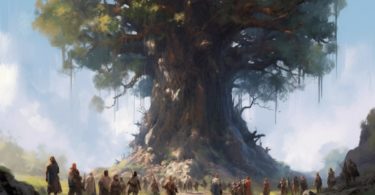 un arbre géant avec des PJs de donjons et dragons dnd5e en dessous