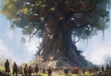 un arbre géant avec des PJs de donjons et dragons dnd5e en dessous