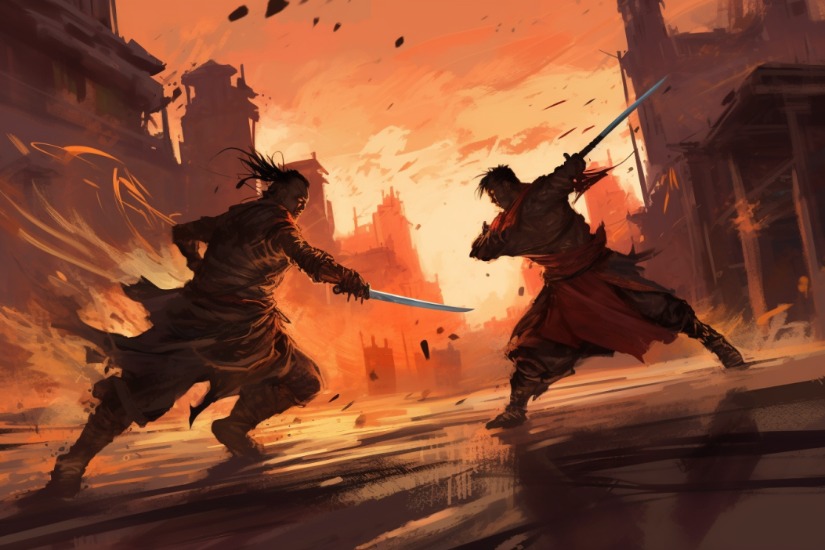Deux guerriers Donjons et Dragons s'affrontent dans le soleil couchant