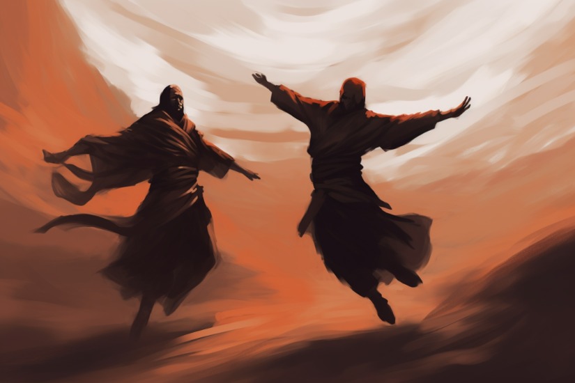 Deux moines dansent dans le vent dans une scène de Donjons et Dragons