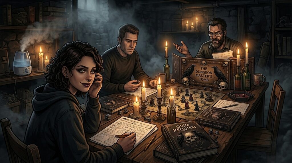 Ambiance dark fantasy sombre autour d'une table de jeu de rôle, alternative horrifique à D&D