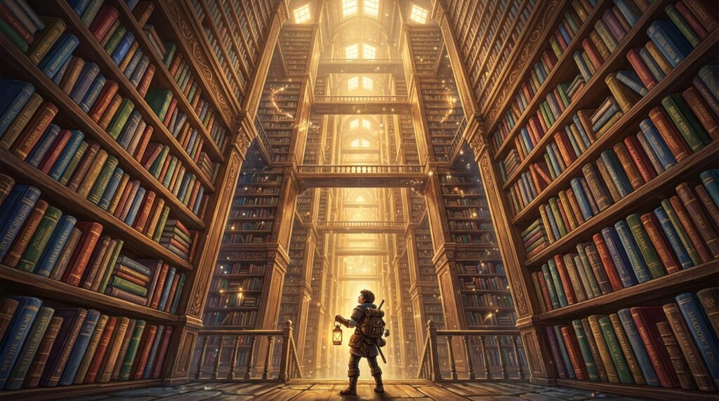 Bibliothèque infinie de systèmes de jeu de rôle, alternatives à D&D et Pathfinder sur des étagères fantasy