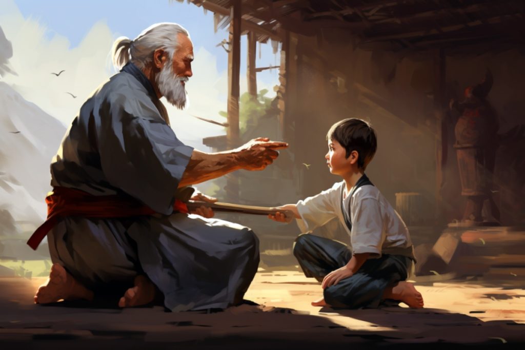un grand pere et son petit fils dans un dojo dans un jeu de role pour enfants