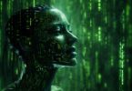 Pluie à la matrix avec une femme cyborg illustration LLM