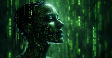 Pluie à la matrix avec une femme cyborg illustration LLM