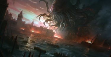 Scénario Cthulhu un monstre sur une ville fortifiée au bord de l'eau