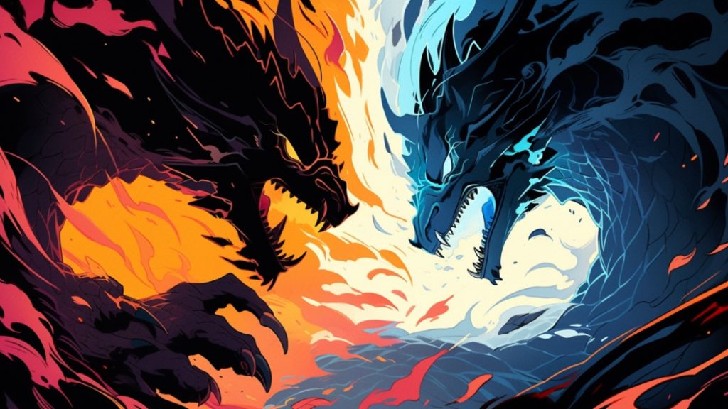 deux dragons s'opposent, un rouge et un bleu