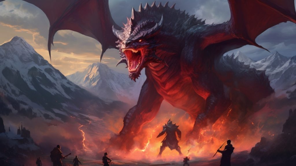 Héros affrontant un dragon ancien avec une montagne en toile de fond, art fantasy