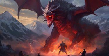 Héros affrontant un dragon ancien avec une montagne en toile de fond, art fantasy