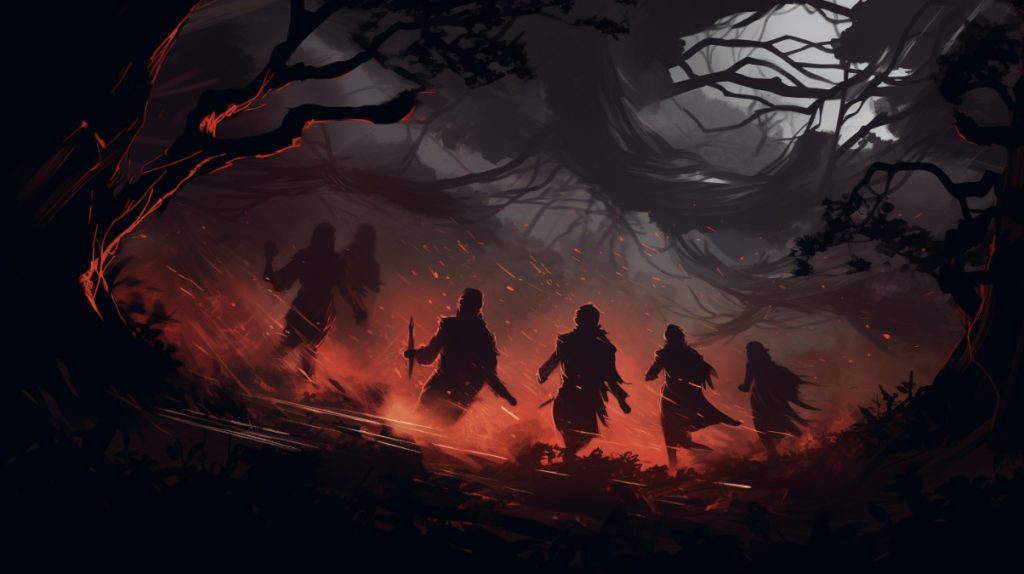 Groupe d'aventuriers explorant une forêt hantée sous la lueur de la lune, illustration fantasy