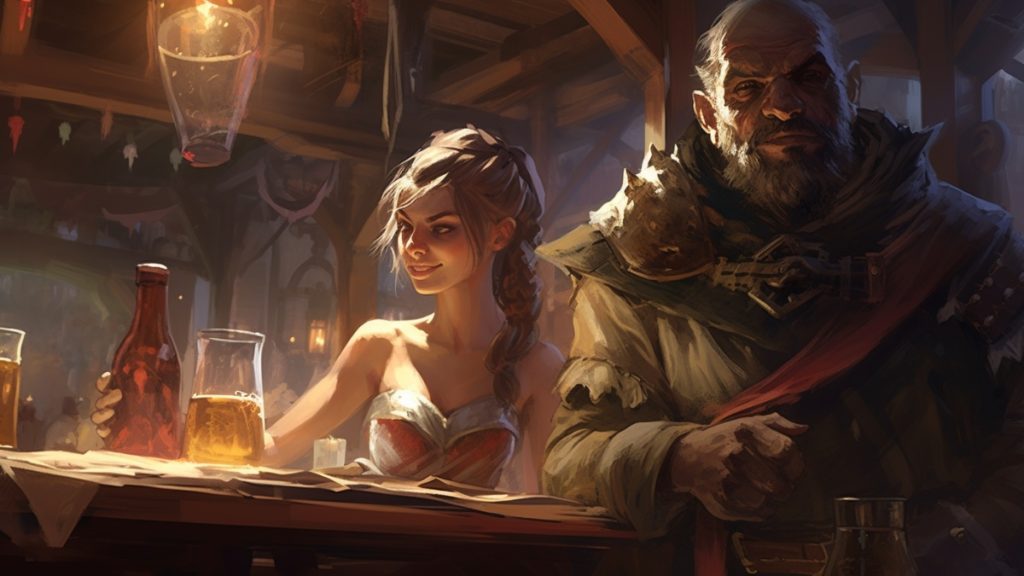 Aide de jeu pour JDR - Le Générateur de taverne et ses 100 Rumeurs ! 3 un couple dans une taverne