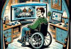 ne personne en fauteuil roulant jouant à un jeu de rôle virtuel en ligne. La personne sourit, entourée d'écrans d'ordinateur affichant l'interface du jeu, ce qui indique un sentiment de joie et de connexion. L'environnement est confortable et accueillant, symbolisant la reprise des liens sociaux grâce aux jeux en ligne.