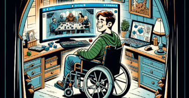 ne personne en fauteuil roulant jouant à un jeu de rôle virtuel en ligne. La personne sourit, entourée d'écrans d'ordinateur affichant l'interface du jeu, ce qui indique un sentiment de joie et de connexion. L'environnement est confortable et accueillant, symbolisant la reprise des liens sociaux grâce aux jeux en ligne.