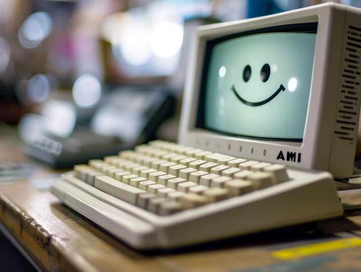 illustration en format 16:9 d'un ordinateur sophistiqué avec un écran affichant un smiley et le mot "AMI", dans une ambiance inspirée d'un film d'action