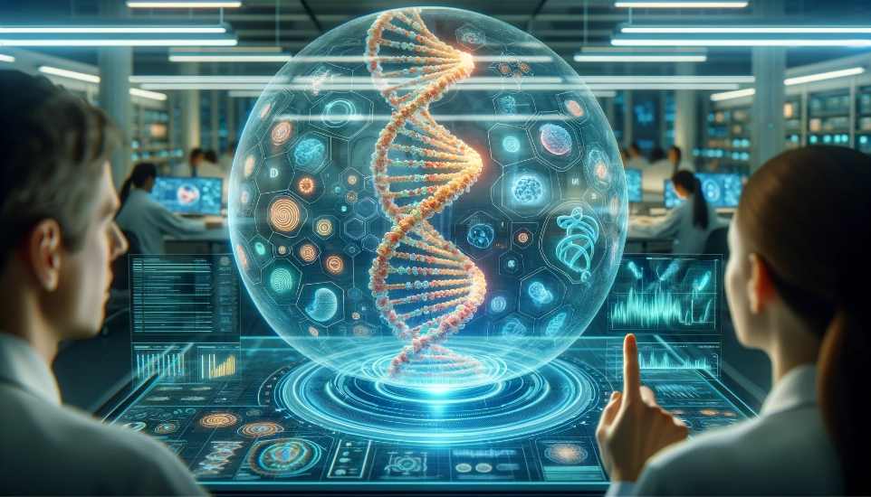 illustration d'une carte du génome humain en 3D présentée sous forme d'hologramme dans un laboratoire de recherche moderne