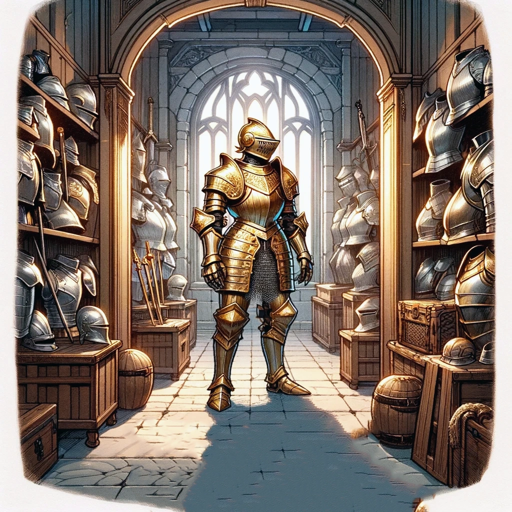 l'illustration de "L'attrape Sire ou Armure fatale", un Mimic se camouflant en armure de chevalier, présentée dans un style fantasy.