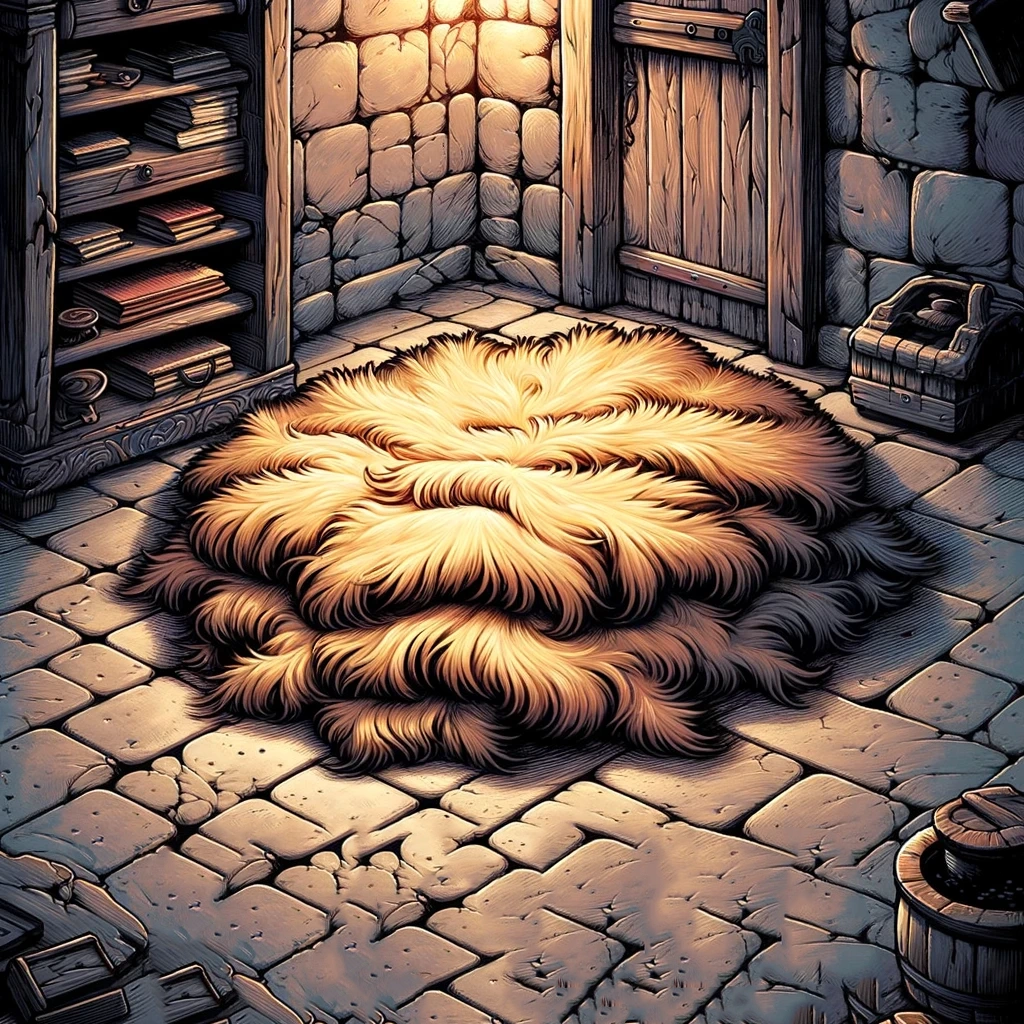 l'illustration du "Piégeur des Tapis", un Mimic se déguisant en tapis ordinaire, dans un style fantasy.