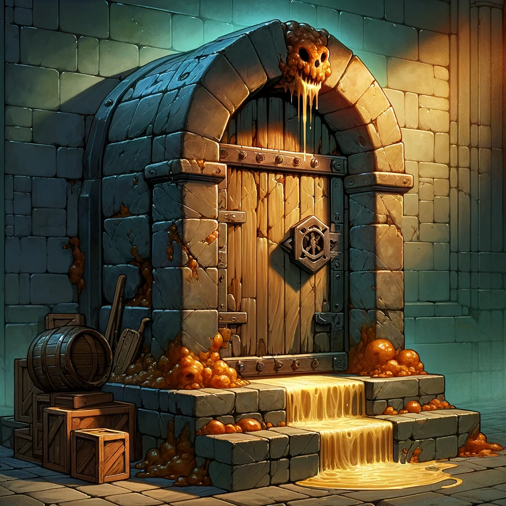 illustration of a sly Mimic disguised as a formidable dungeon door, presented in a digital painting style with a Dungeons and Dragons ambiance.