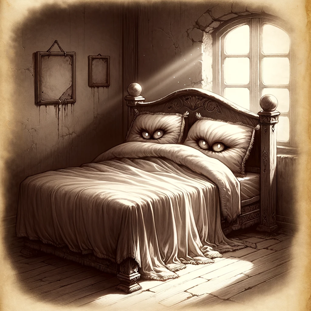 illustration du "Sommeil Mimique - le lit trompeur", présentant le lit avec des coussins moelleux qui sont en réalité des yeux, dans un style fantasy.