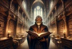 in a medieval fantasy school setting, holding a book titled "Tout savoir sur les Mimics". The setting is a grand library, rich in detail and reminiscent of a fantasy world akin to Dungeons and Dragons.