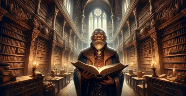 in a medieval fantasy school setting, holding a book titled "Tout savoir sur les Mimics". The setting is a grand library, rich in detail and reminiscent of a fantasy world akin to Dungeons and Dragons.