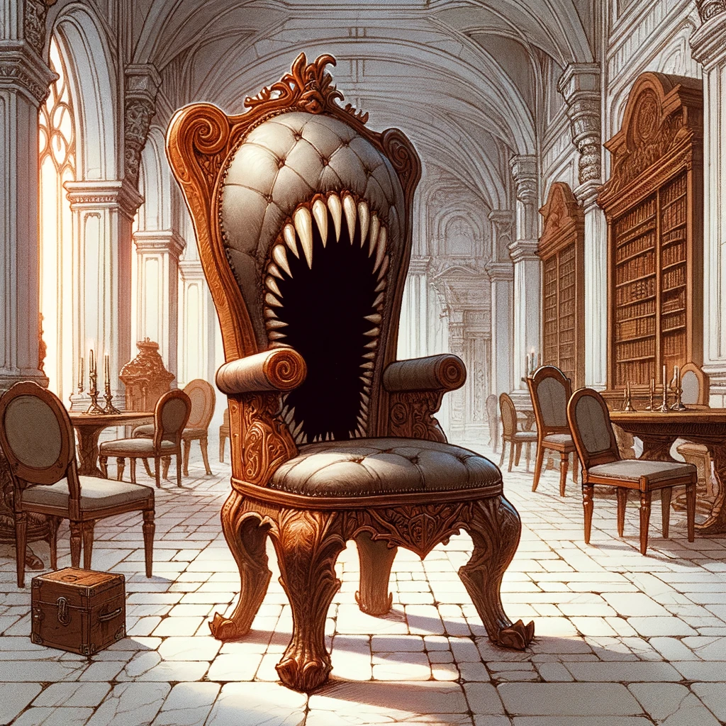 un Mimic sous la forme d'une chaise, dans un style fantasy.