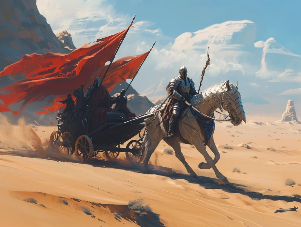 un cavalier et un char dans le désert