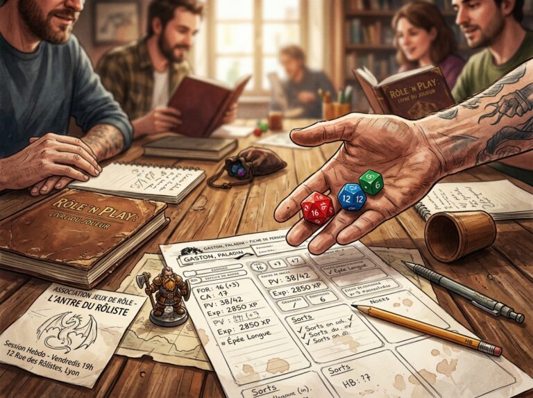 Gros plan sur une main au-dessus d'une feuille de personnage à une table de jeu de rôle.