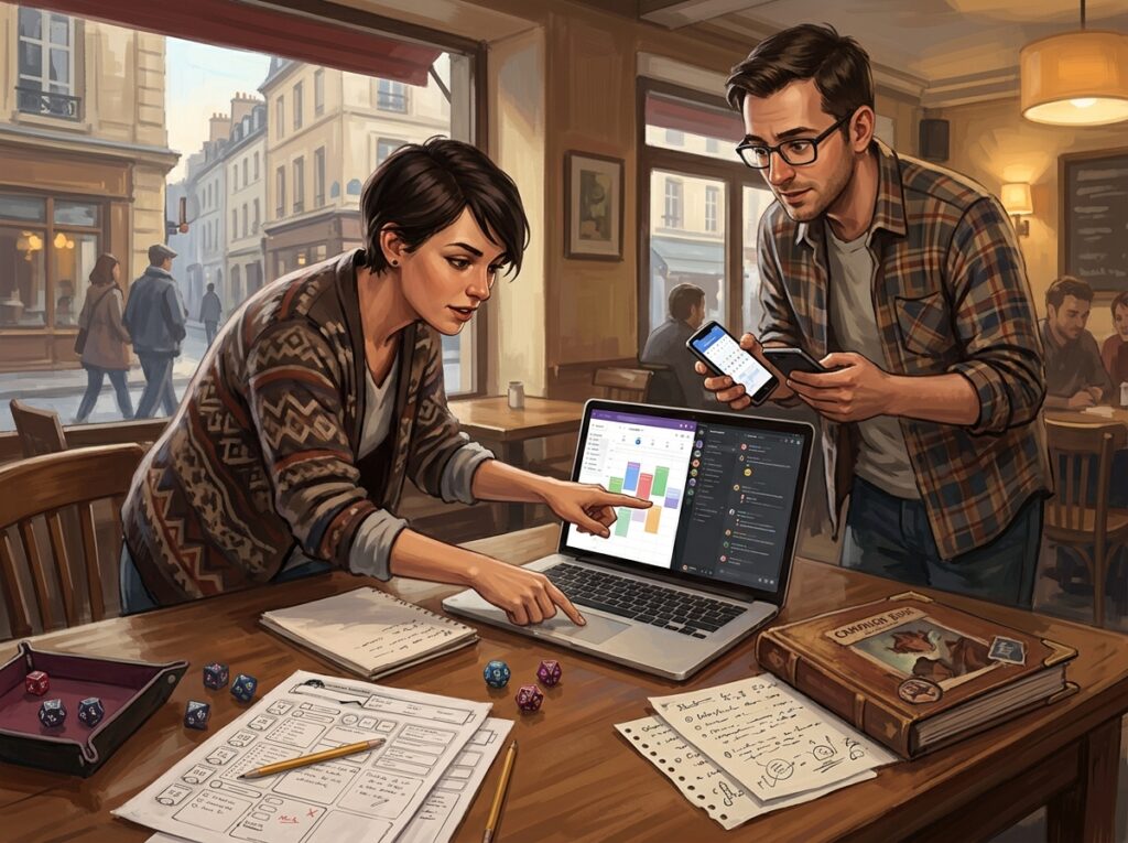 Illustration : une reliste regarde son planning et un autre joueur se coordonne avec son agenda.